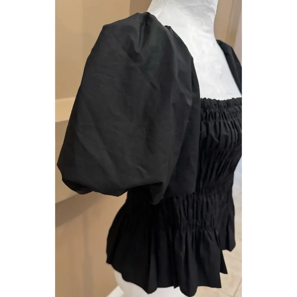 Astr The Label Savina Top Black Smocked Bubble Puff Sleeves Peplum Coquette Sz S